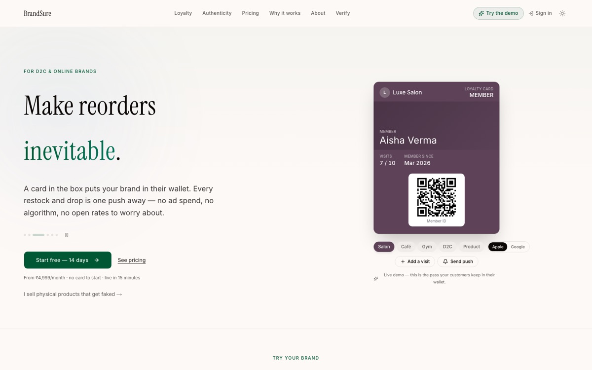 BrandSure's website: make reorders inevitable, showing a loyalty pass in a phone wallet