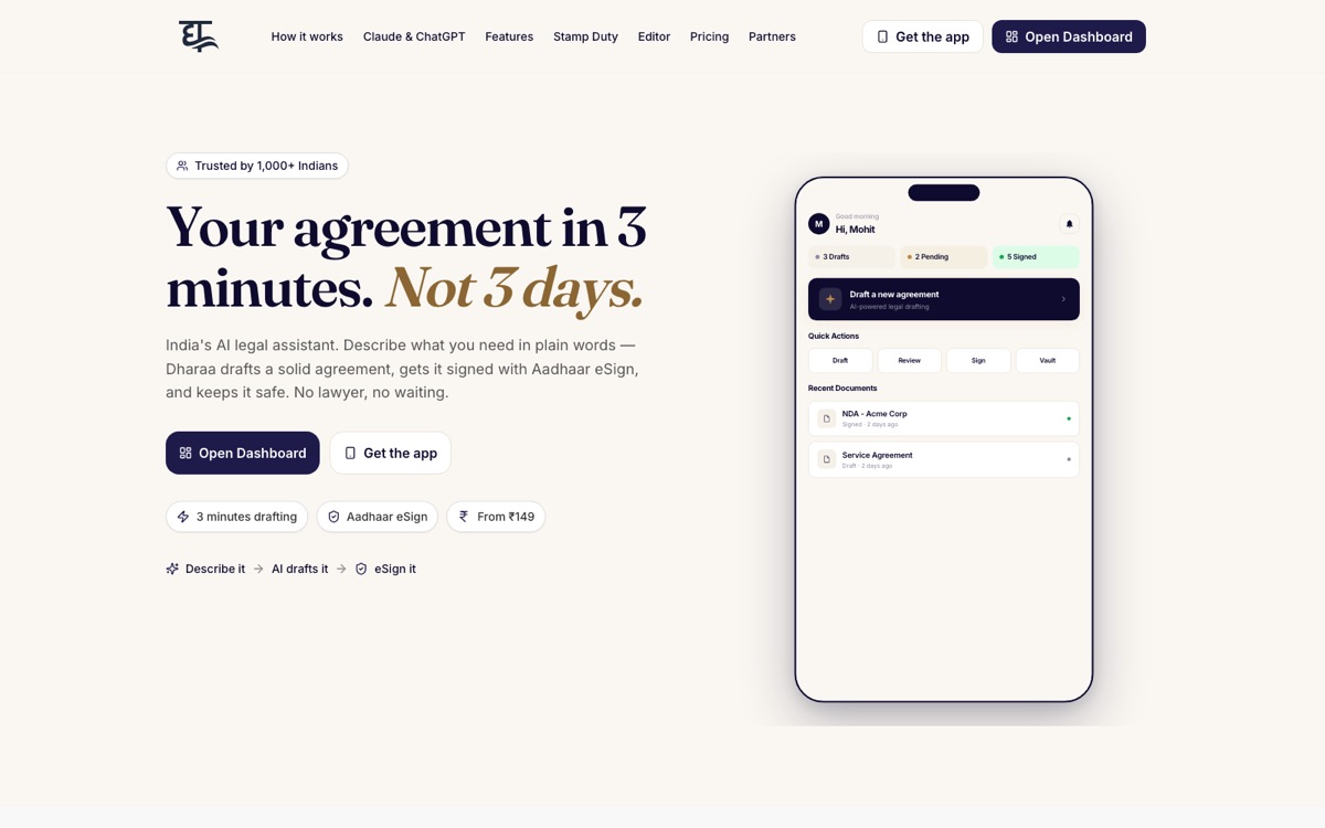 Dharaa's website: your agreement in 3 minutes, not 3 days, with the drafting dashboard on a phone