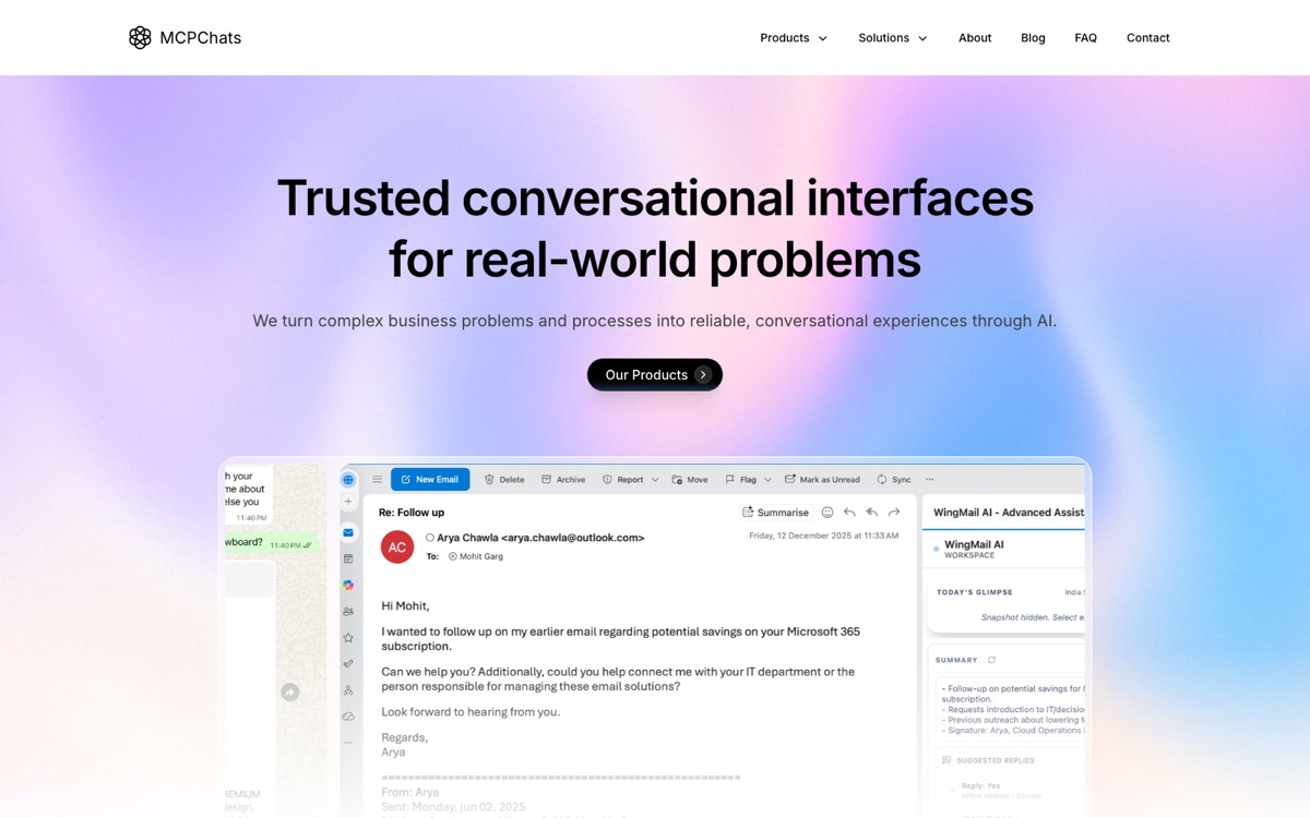 MCP Chats' website: trusted conversational interfaces for real-world problems, showing an AI email assistant